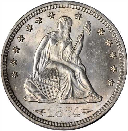 1874-S Liberty Seated Quarter. Arrows. Briggs 1-A. MS-63 (PCGS).