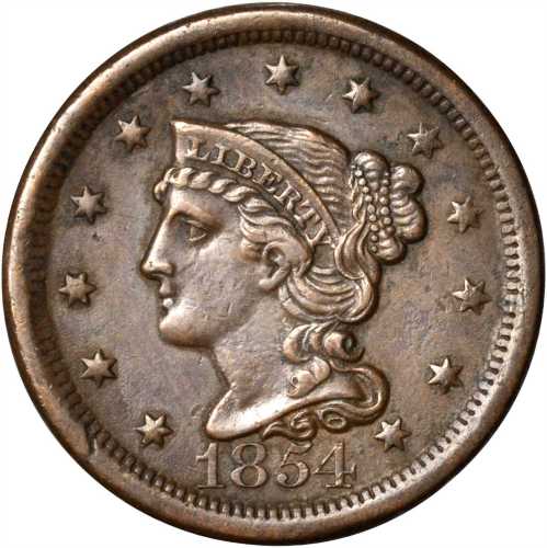 Lot of (5) 1854 Braided Hair Cents.