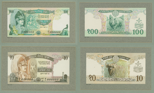 1981-87年尼泊尔中央银行德纳罗印钞公司10与100卢比手绘稿一组三册，未曾使用之设计手稿，罕见