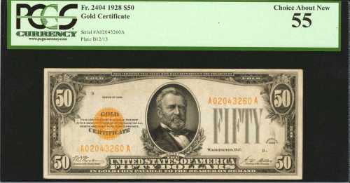 Fr. 2404. 1928 $50 Gold Certificate. PCGS Choice About New 55.