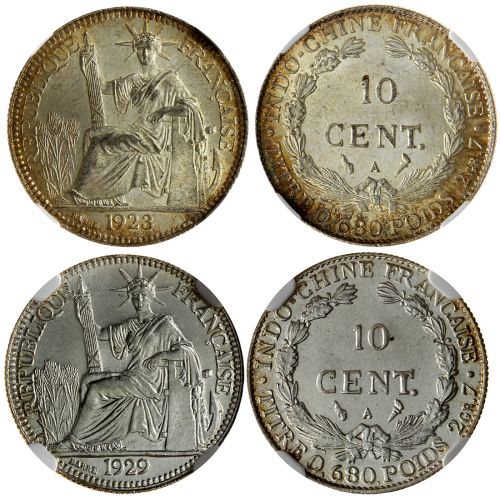 法属安南10分银币2枚一组，1923A及1929A，均评NGC MS65