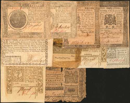 Colonial & Continental Currency. Collection of (10) Notes with Notable Signers. Good to About Uncirc