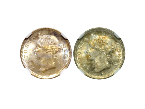 1900年香港五仙银币，KM 5，NGC MS63；1899年香港五仙银币，KM 5，NGC MS63。共2枚
