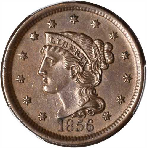 1856 Braided Hair Cent. N-2. Rarity-1. Slanting 5. MS-63 BN (PCGS).