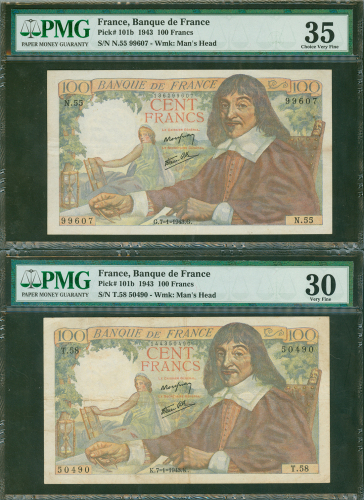 1943年法国银行100法郎一对，编号N.55 99607及T.58 50490, 分别评PMG35及PMG30, 此钞属此系列之第二罕见日期，任何品相都极难寻