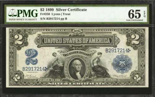 Fr. 250. 1899 $2 Silver Certificate. PMG Gem Uncirculated 65 EPQ.