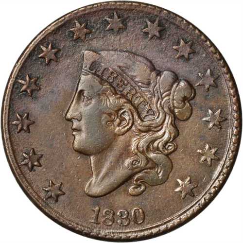 1830 Matron Head Cent. N-1. Rarity-1. Large Letters. VF-20 Environmental Damage.