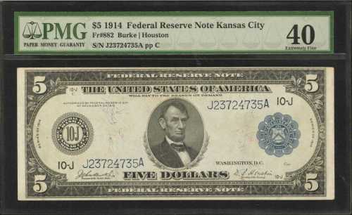 Fr. 882. 1914 $5 Federal Reserve Note. Kansas City. PMG Extremely Fine 40.