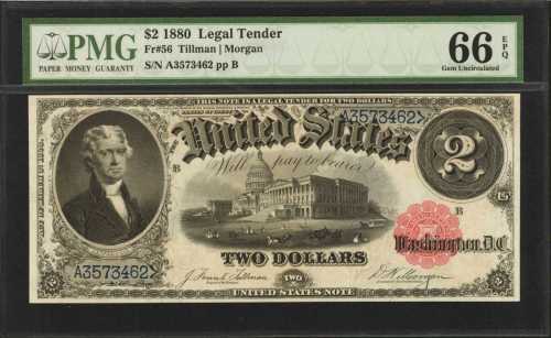 Fr. 56. 1880 $2 Legal Tender Note. PMG Gem Uncirculated 66 EPQ.