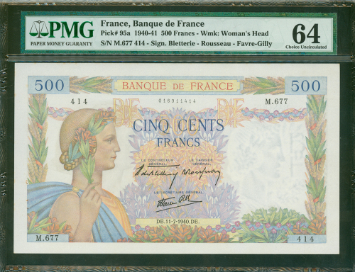 1940年法国银行500法郎，编号M.677 414, PMG 64,有针孔及轻微锈渍