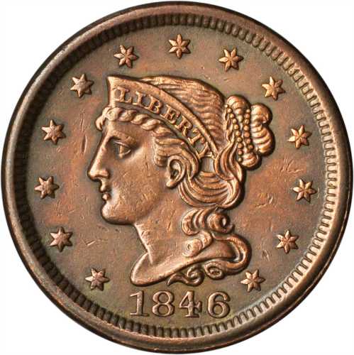 1846 Braided Hair Cent. N-18. Rarity-1. Small Date. AU-50 Cleaned.