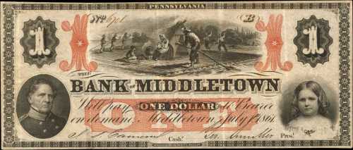 Middletown, Pennsylvania. Bank of Middletown. July 1, 1861. $1. Very Fine.