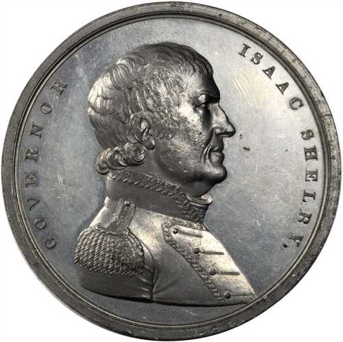 1818 Isaac Shelby Battle of the Thames Medal. Original. White Metal. 65 mm. Julian MI-21. Choice Abo