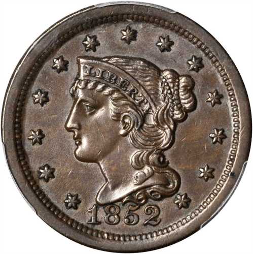 1852 Braided Hair Cent. N-12, 13. Rarity-1. MS-62 BN (PCGS).