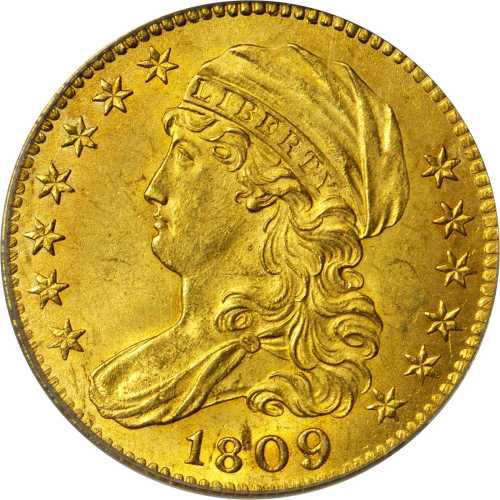 1809/8 Capped Bust Left Half Eagle. BD-1, the only known dies. Rarity-3+. MS-63 (PCGS). CAC.