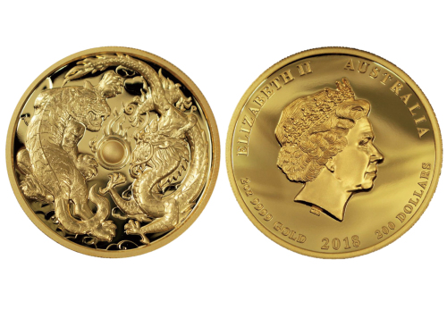 2018年澳大利亚龙虎纪念金币样品，面值200美元，重量2盎司，成色99.99%，发行量500枚