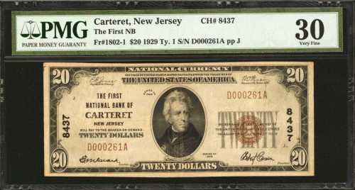 Carteret, New Jersey. $20 1929. Ty. 1. Fr. 1802-1. The First NB. Charter #8437. PMG Very Fine 30.