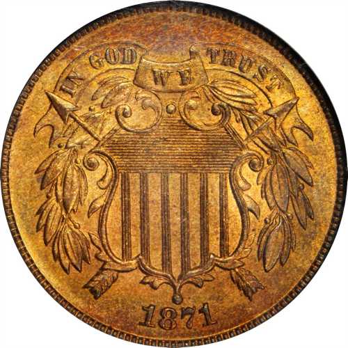 1871 Two-Cent Piece. MS-66 RB (NGC). CAC.