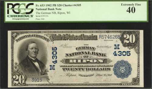 Ripon, Wisconsin. $20 1902 Plain Back. Fr. 653. The German NB. Charter #4305. PCGS Extremely Fine 40