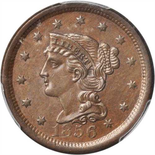 1856 Braided Hair Cent. N-10. Rarity-1. Upright 5. MS-63 BN (PCGS).