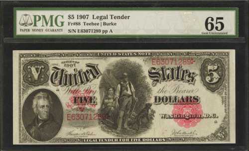 Fr. 88. 1907 $5 Legal Tender Note. PMG Gem Uncirculated 65 EPQ.