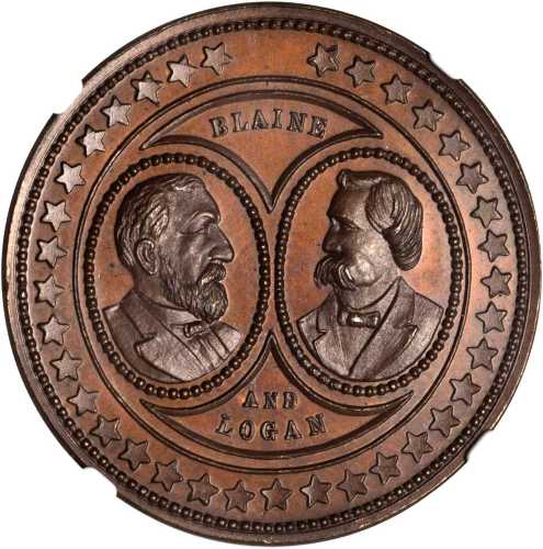 1884 James G. Blaine. DeWitt-JGB 1884-3. Copper. 35 mm. MS-64 BN (NGC).