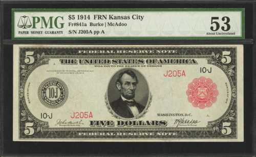 Fr. 841a. 1914 $5 Federal Reserve Note. Kansas City. Red Seal. PMG About Uncirculated 53.