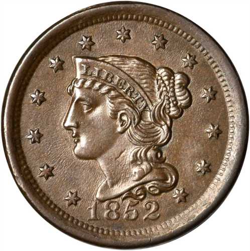 1852 Braided Hair Cent. N-12, 13. Rarity-1. MS-60 BN.