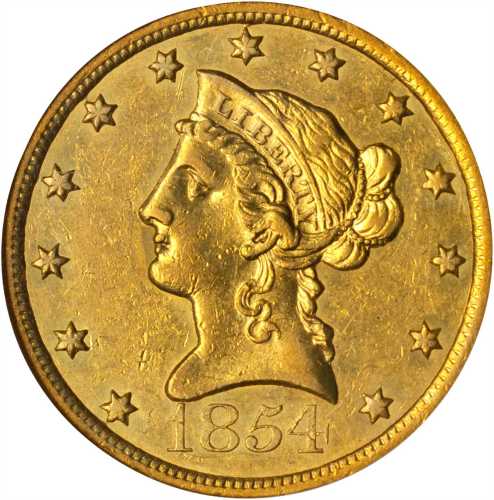 1854-O Liberty Head Eagle. Large Date. AU-55 (NGC).