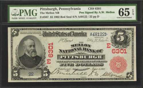 Fr. 587. Pittsburgh, Pennsylvania. 1902 $5 Red Seal. The Mellon National Bank of Pittsburgh. Charter