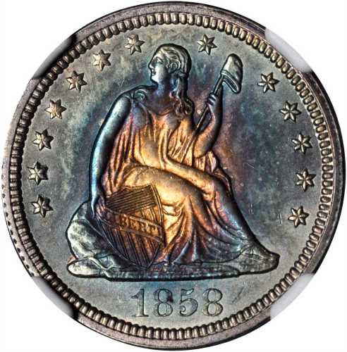 1858 Liberty Seated Quarter. MS-64 (NGC).