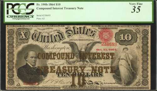 Fr. 190b. 1864 $10 Compound Interest Treasury Note. PCGS Very Fine 35. Small Edge Splits and Tears; 