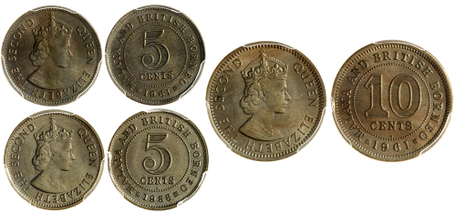 马来亚及北婆罗州辅币3枚一组，包括1958-H及1961-KN 5分，1961-H 10分，分别评PCGS MS65, MS67+及MS65, 一组高评级钱币