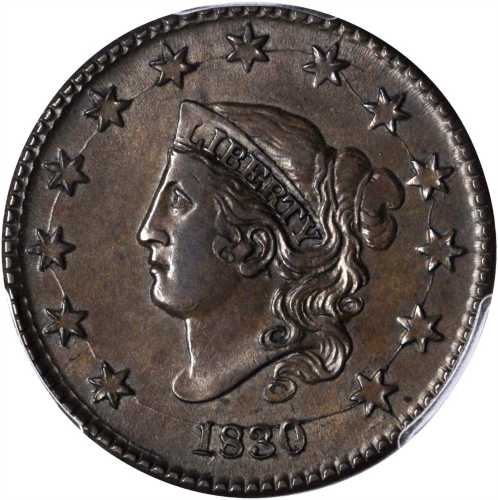 1830 Matron Head Cent. N-2. Rarity-2. Large Letters. AU-58 (PCGS).