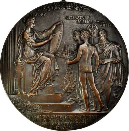 1906 Benjamin Franklin Bicentennial Medal Reverse Design. Bronze galvanic cast, uniface. 12.25