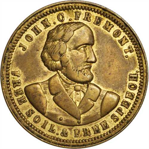 Group of six different 1856 John C. Freemont medalets, all brass except where noted otherwise.