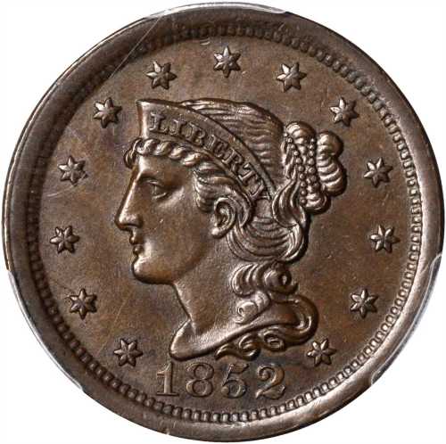 1852 Braided Hair Cent. N-14. Rarity-1. Repunched Date. AU-58 (PCGS).