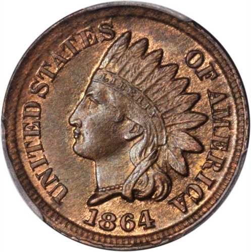 1864 Indian Cent. Bronze. MS-64 BN (PCGS).