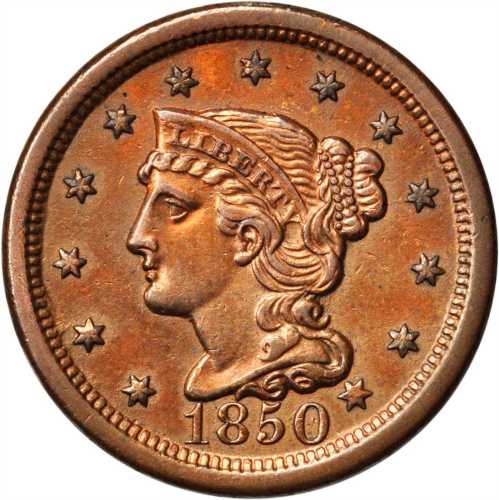 1850 Braided Hair Cent. N-2. Rarity-1. AU-50 Cleaned, Recolored, Lacquered.