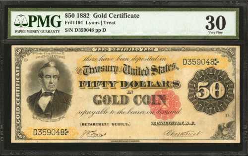 Fr. 1194. 1882 $50 Gold Certificate. PMG Very Fine 30.