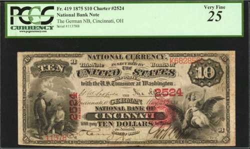 Cincinnati, Ohio. $10 1875. Fr. 419. The German NB. Charter #2524. PCGS Very Fine 25.