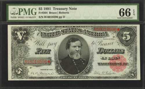 Fr. 364. 1891 $5 Treasury Note. PMG Gem Uncirculated 66 EPQ.