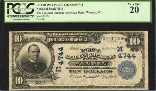 Wausau, Wisconsin. $10 1902 Plain Back. Fr. 628. The National German-American Bank. Charter #4744. P