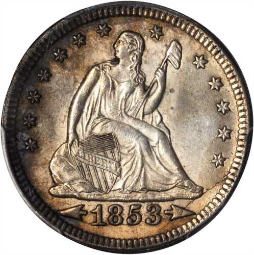 1853 Liberty Seated Quarter. Arrows and Rays. MS-64+ (PCGS).