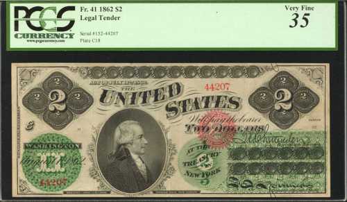 Fr. 41. 1862 $2 Legal Tender Note. PCGS Very Fine 35.