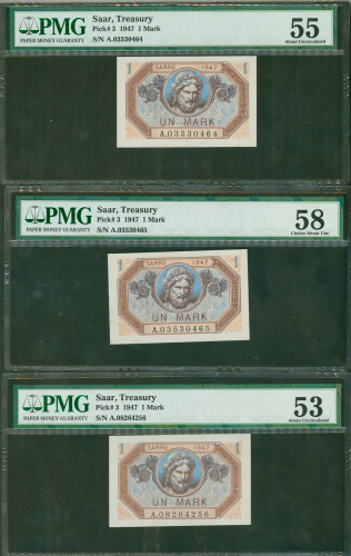 1947年德国蕯尔地区1马克3枚一组，分别评PMG53,55及58