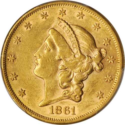 1861 Liberty Head Double Eagle. AU-55 (PCGS).