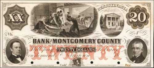 Norristown, Pennsylvania. Bank of Montgomery County. ND (18xx). $20. Uncirculated. Proof.