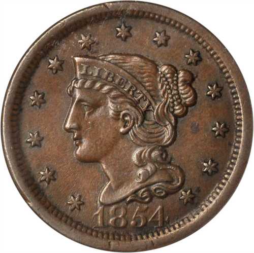 1854 Braided Hair Cent. N-17. Rarity-1. AU-53 (ANACS).