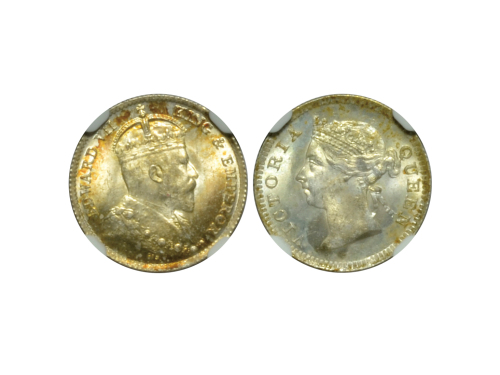 1904年香港五仙银币，KM 12，NGC MS64；1901年香港五仙银币，KM 5，NGC MS63。共2枚